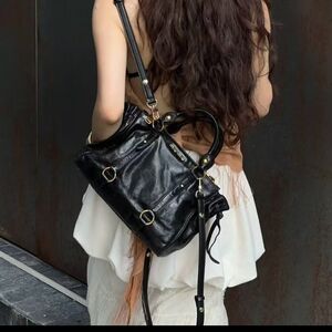 Miu Miu Vitello Shine 2way Black Leather Satchel Bag with Gold Hardware
